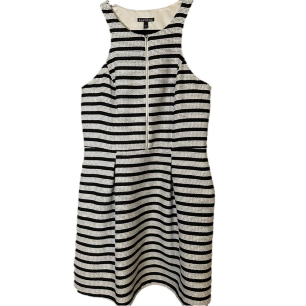 EXPRESS Size 10 Black & White Stripe Front Zipper A-Line Dress